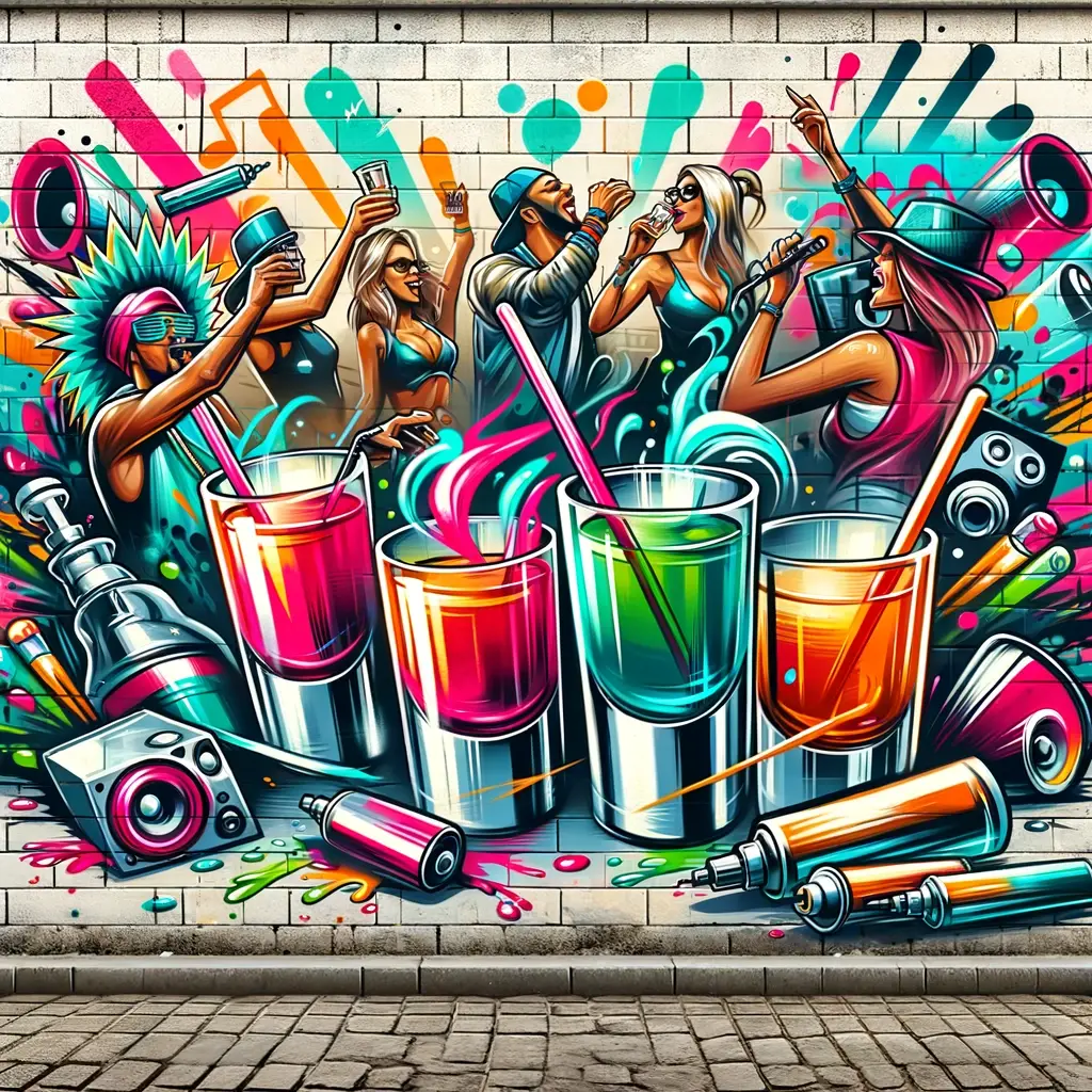 street art graffiti tequila shots on a wall in Mexico