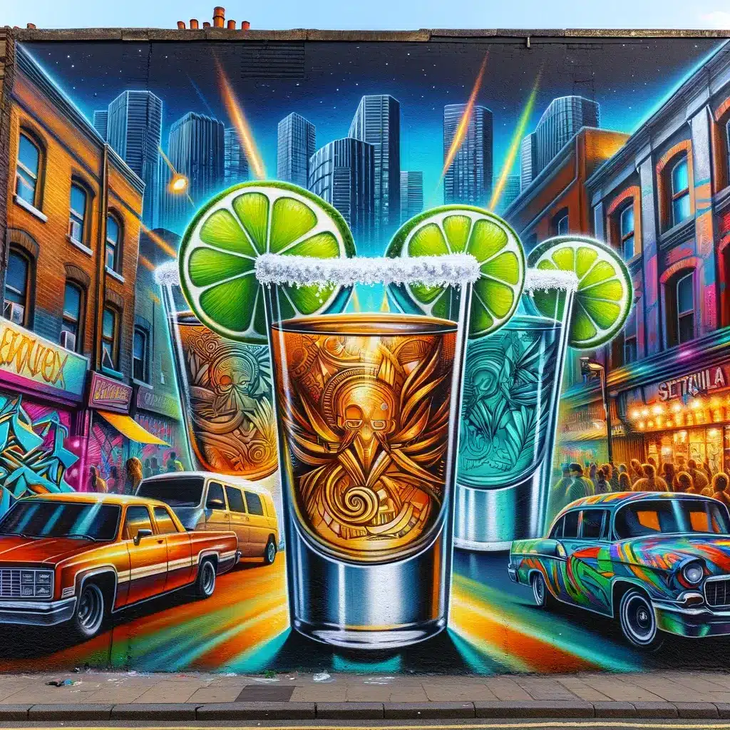 urban street art with graffiti of tequila shots with lime and salt on a wall