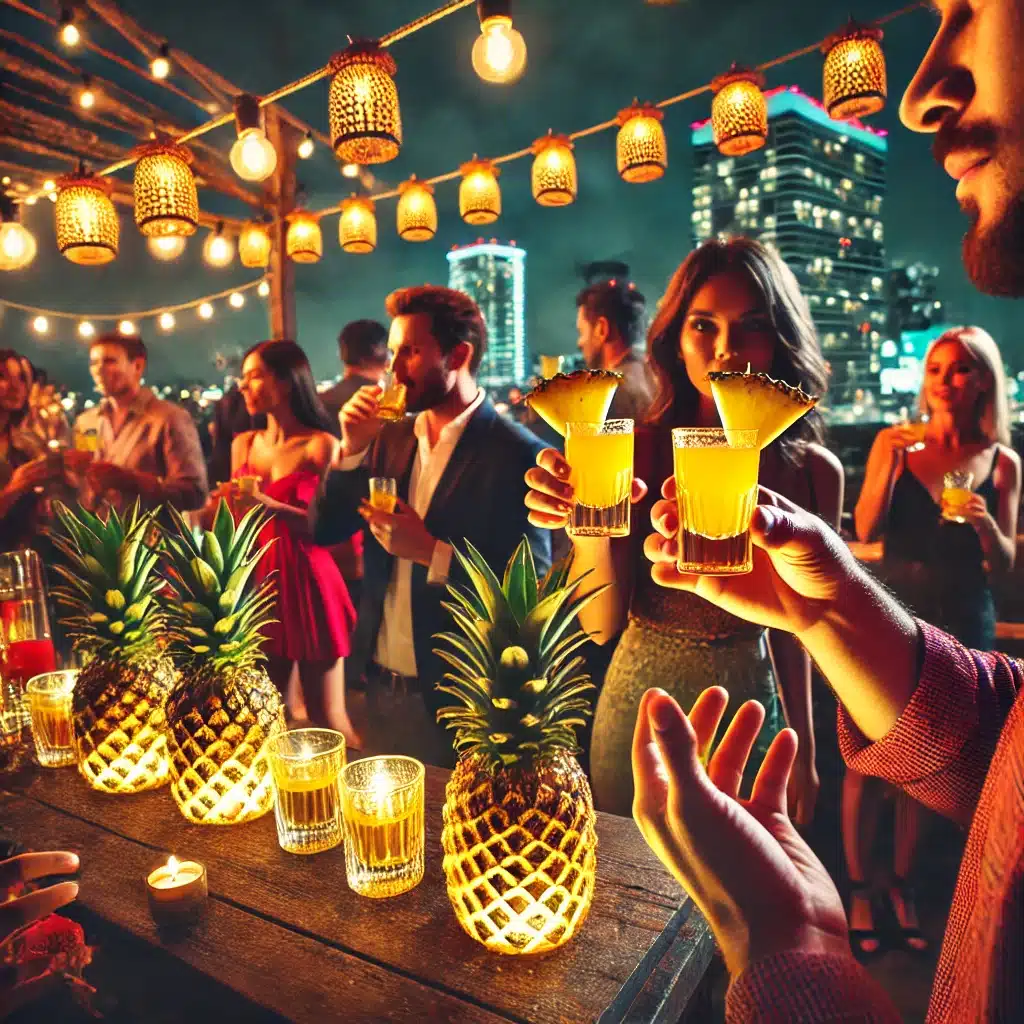 Night party where guests are enjoying Spicy Pineapple Shots Tequila shot.