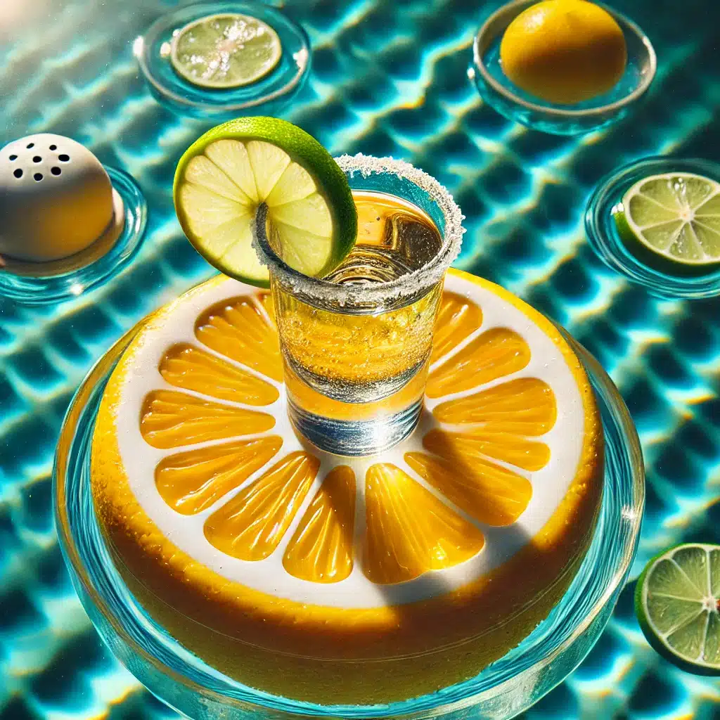 Shot of tequila Olmeca on the swimming pool